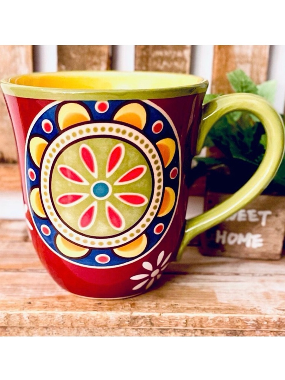 NWT Gorgeous Pier 1 Red Blue Ironstone MEXICALI Floral Rustic Coffee Mug